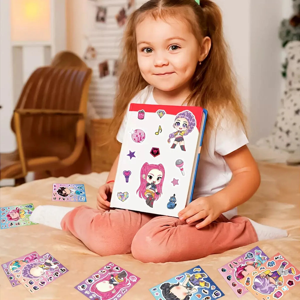 8/16/24Sheets Funny Kpop Demon Hunters Make a Face Puzzle Stickers DIY Cartoon Jigsaw Assemble Decals Party Game Kids Gift Toy